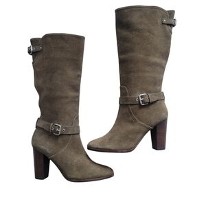 COACH Beverly Mid Calf 3” Heel Olive Green Suede Leather Boots Size 6B EUC